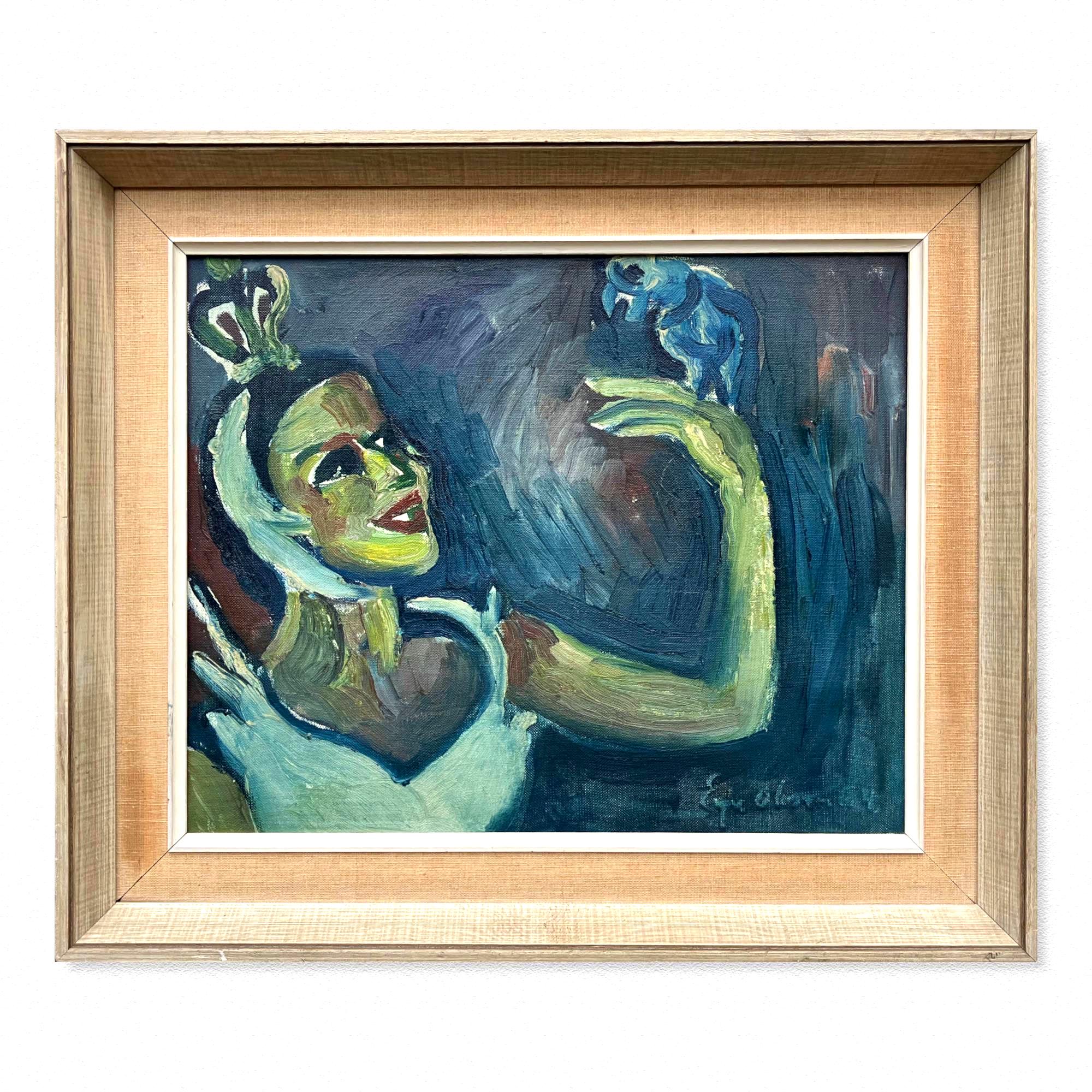 Danish Mid-Century Expressionist Oil Painting: Princess with Parrot, Signed Art - Image 1
