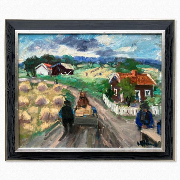 Vintage Expressionist Oil Painting, Rural Cart Scene, Swedish Fine Art, Framed Original Artwork