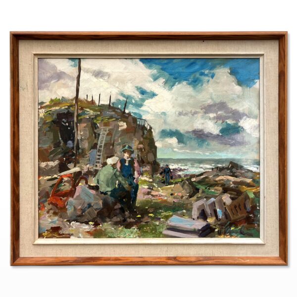 Swedish Figurative Vintage Coastal Scene with Figures – Oil on Canvas