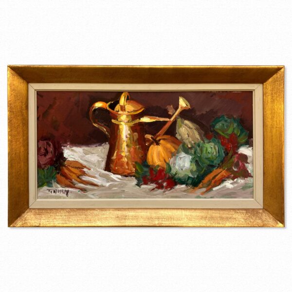 Vintage Impressionist Oil Painting: Golden Pitcher Still Life, Original Framed Swedish Art