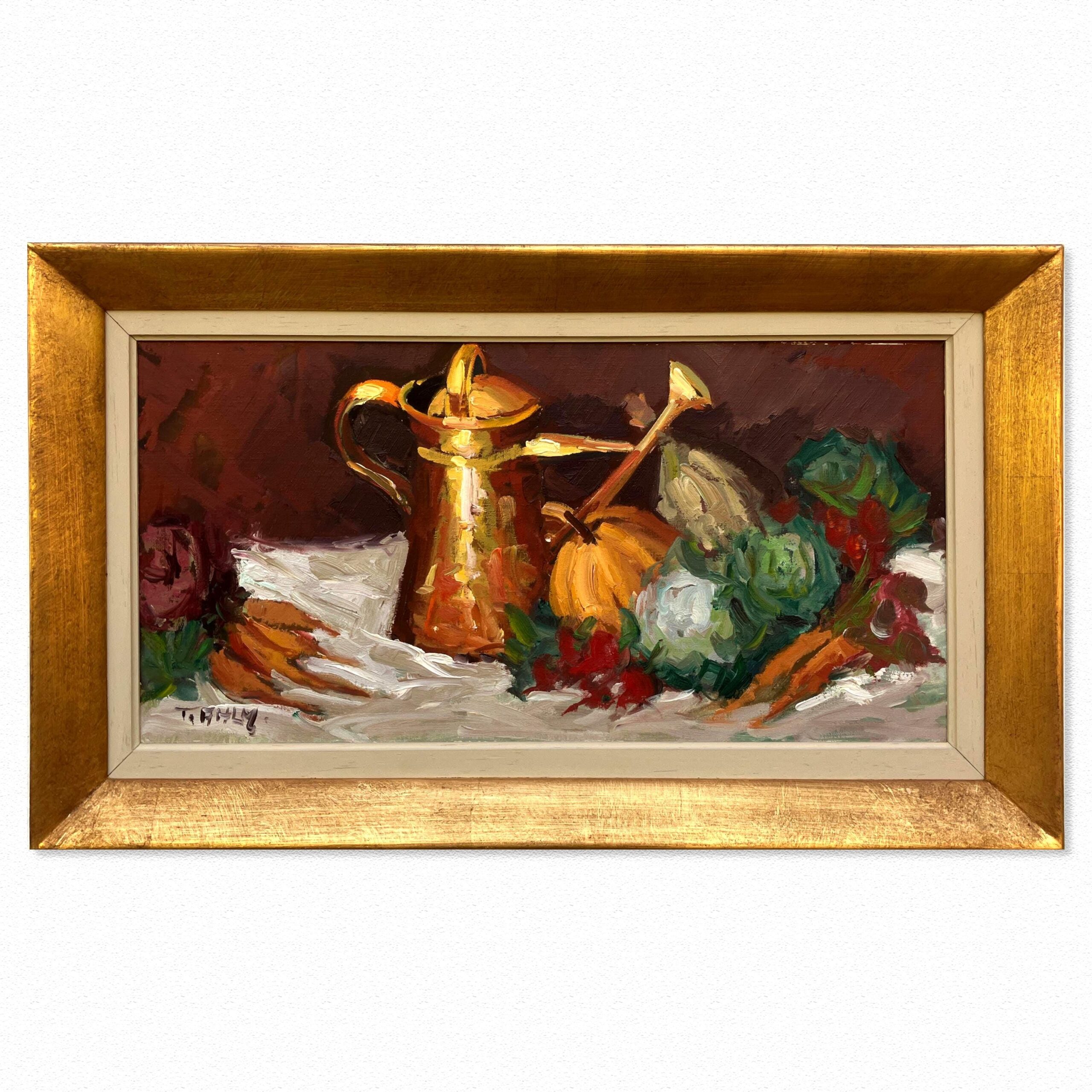 Vintage Impressionist Oil Painting: Golden Pitcher Still Life, Original Framed Swedish Art - Image 1