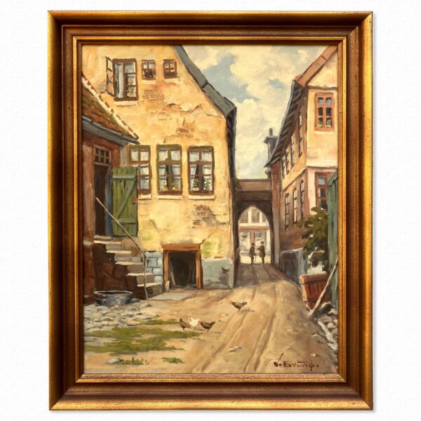 Danish Impressionist Oil Painting : Vintage Small Town Scene, Framed Original Fine Art