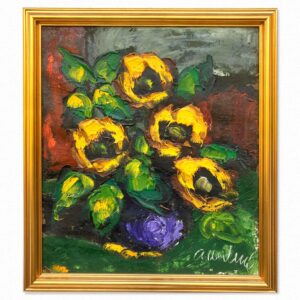Danish Original Oil Painting : Large Floral Still Life with Sunflowers - Signed by the Artist - 1960s