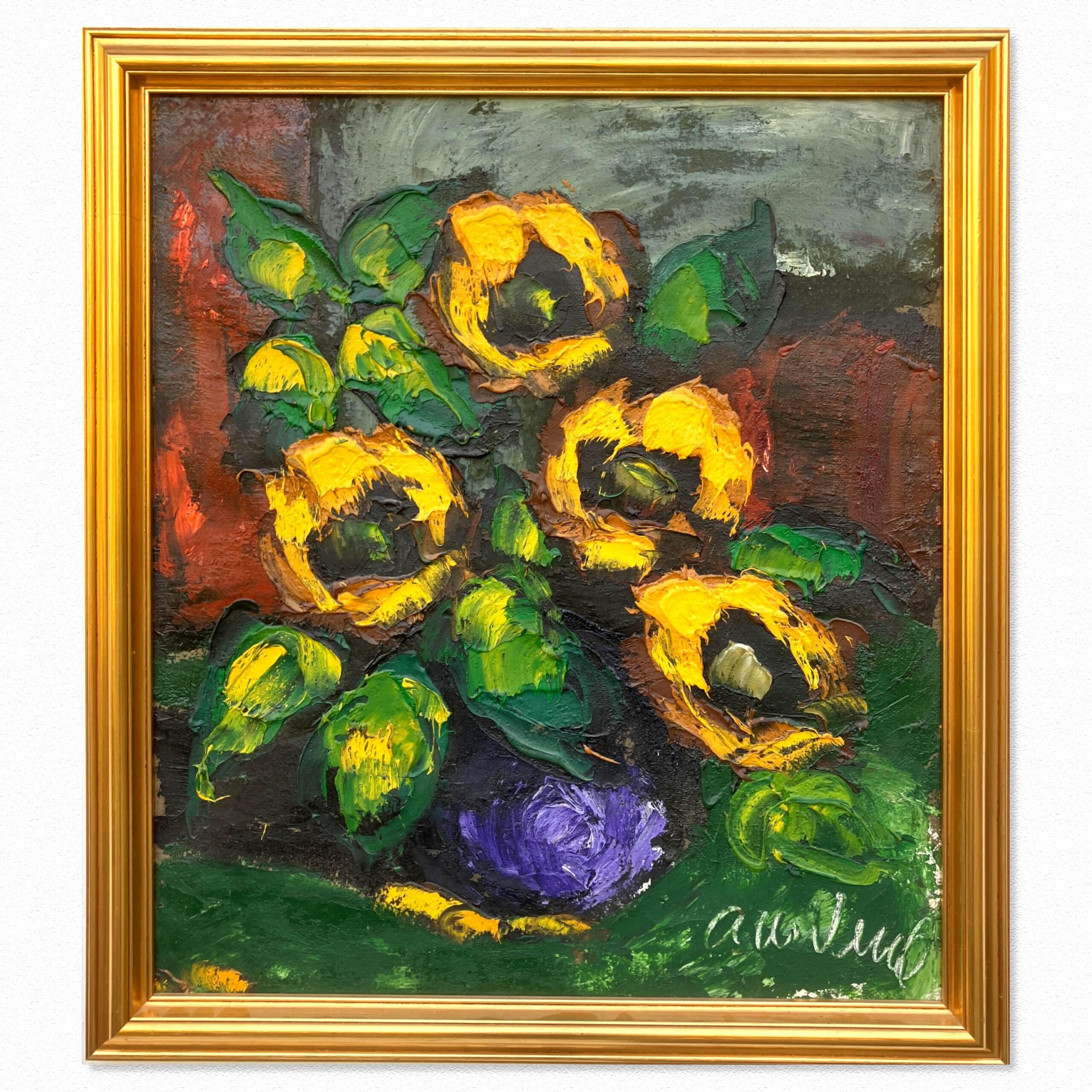 Danish Original Oil Painting : Large Floral Still Life with Sunflowers - Signed by the Artist - 1960s - Image 1