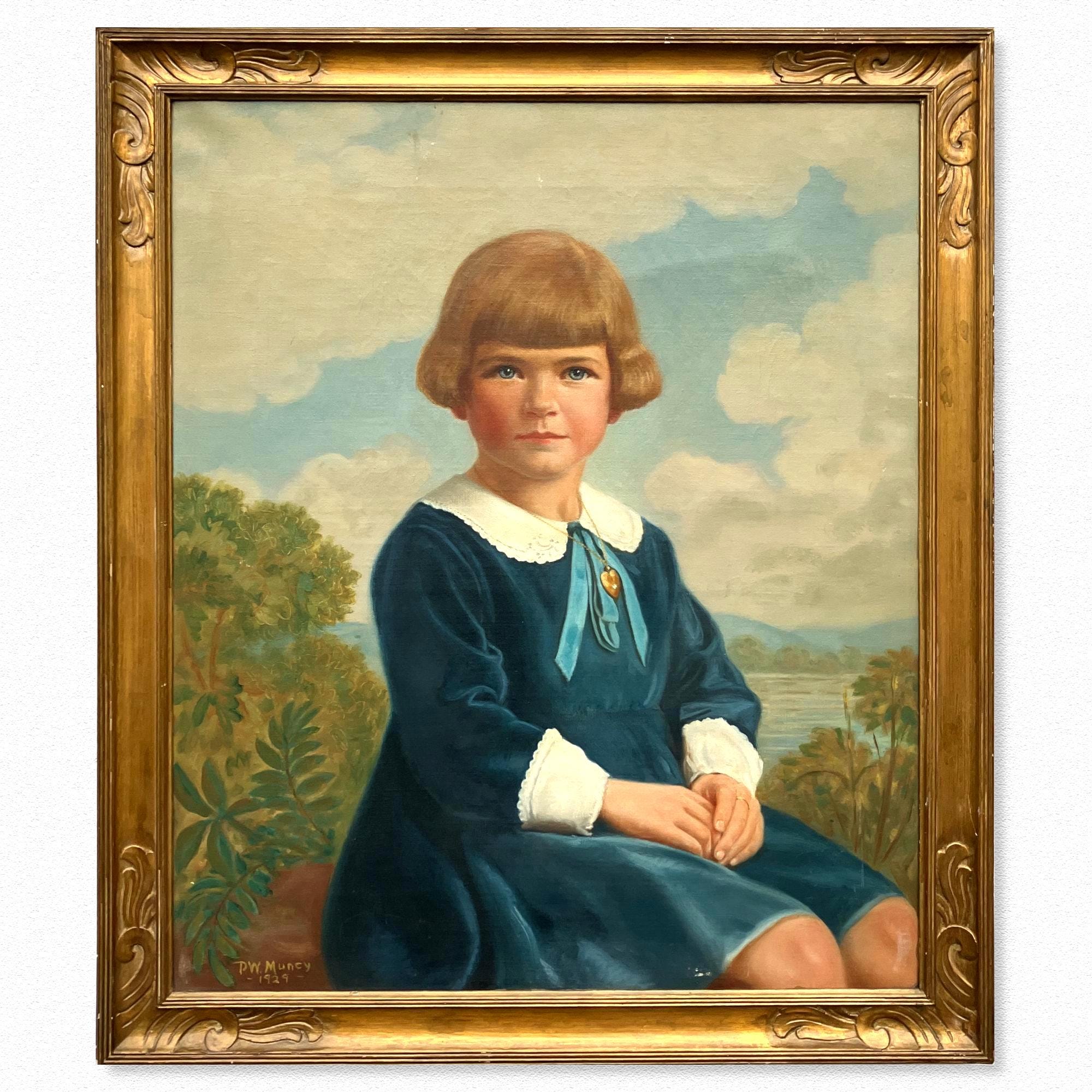 Large Vintage 1929 American Realism Oil Portrait Painting: Young Girl, Original Art Nouveau Frame - Image 1