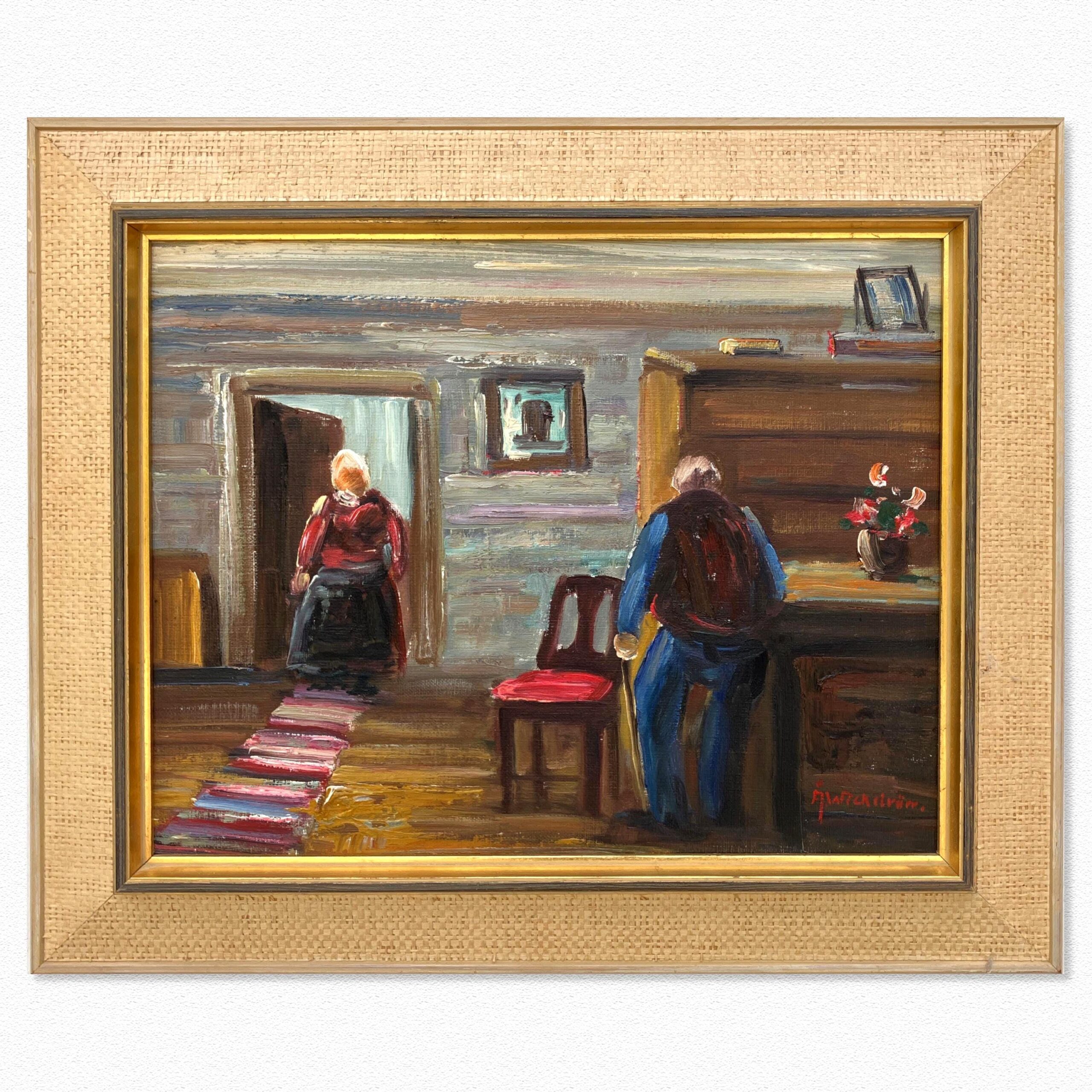 Expressionist Oil Painting – Scandinavian Folk Scene, Framed Vintage Art, - Image 1