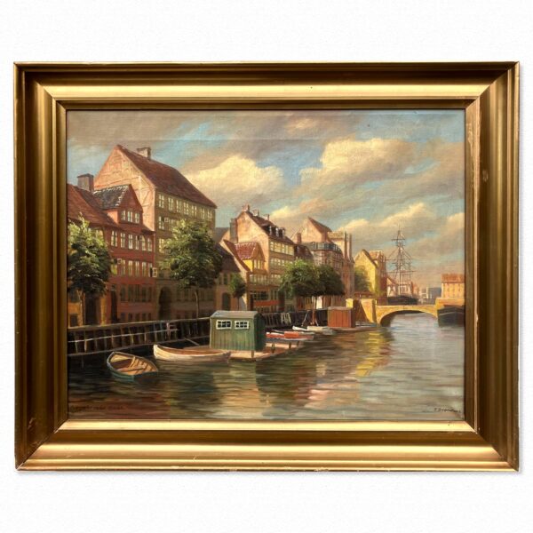 Vintage Oil Painting – Christianshavn Copenhagen Canal Scene, Danish Fine Art,