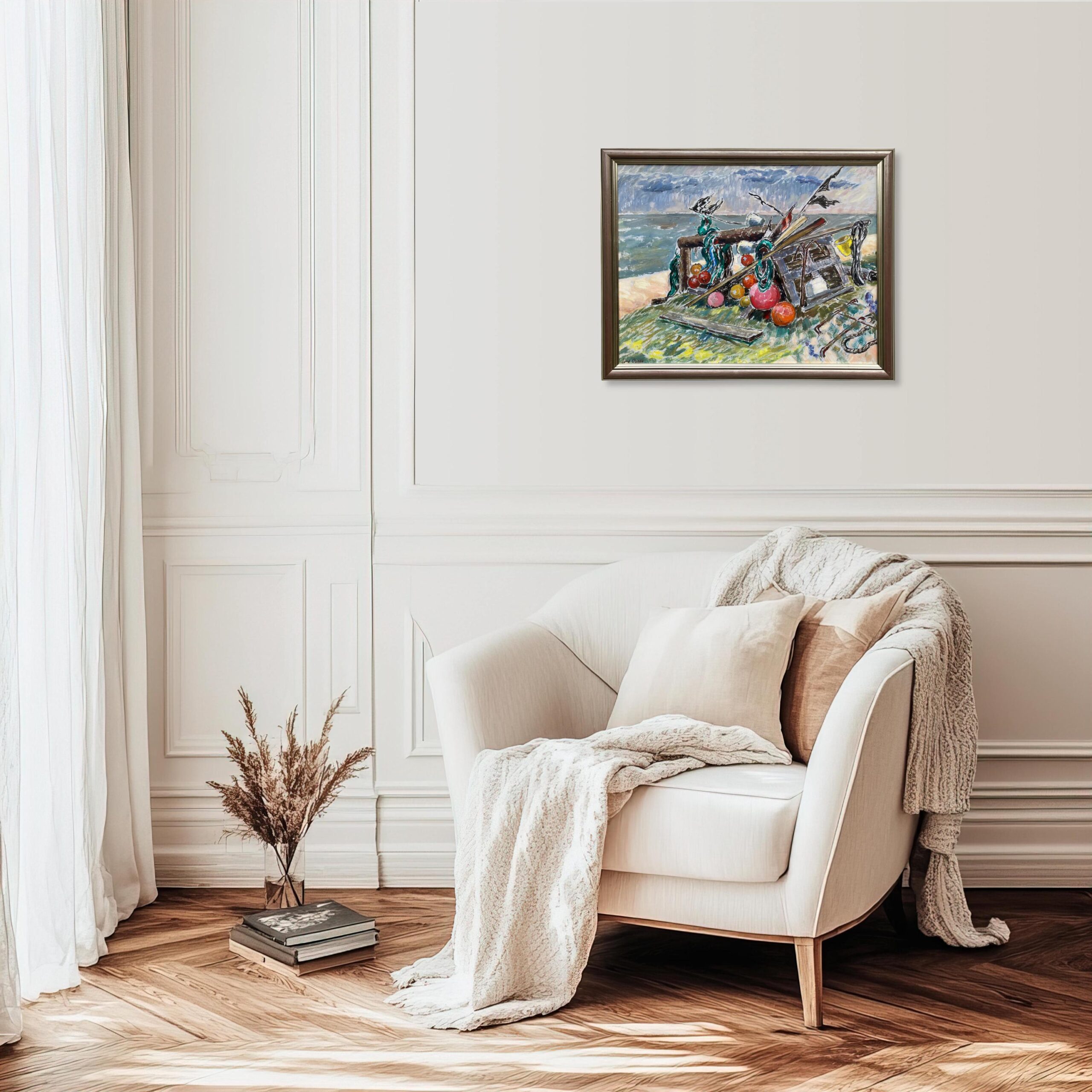 Fishing Gear Still Life, Vintage Oil Painting, Swedish Coastal Decor - Image 2