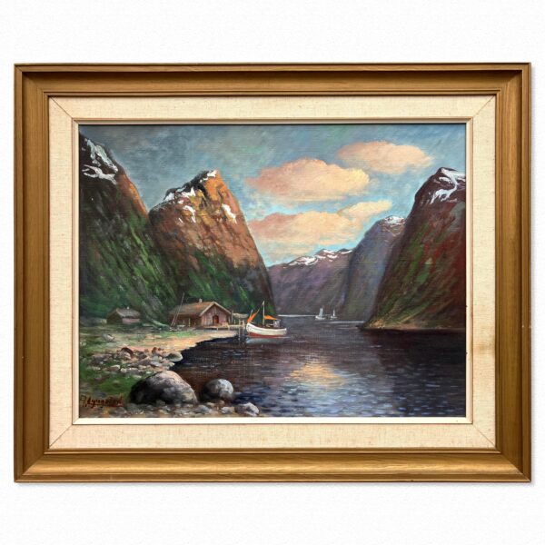 Vintage Norwegian Fjord Oil Painting: Impressionist Landscape with Boat, Framed