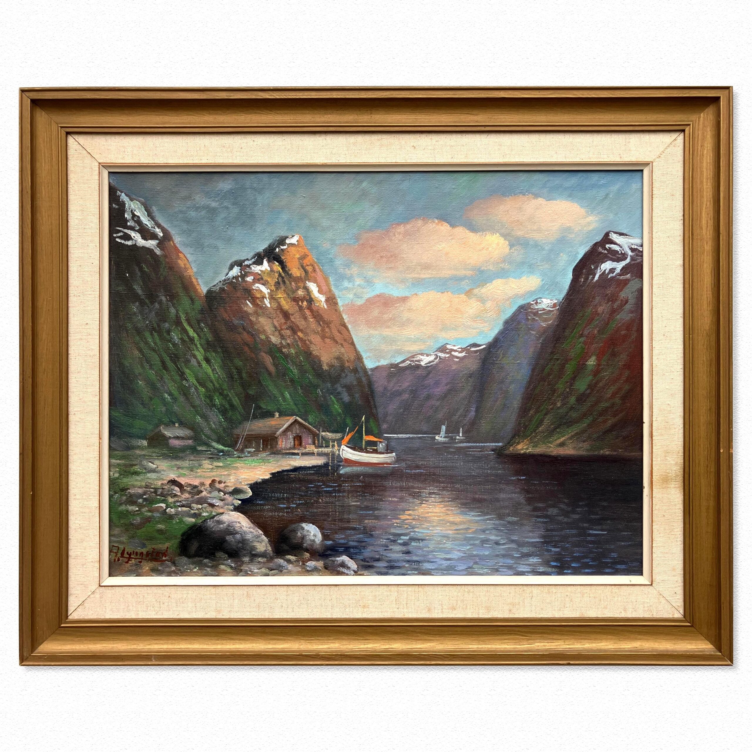 Vintage Norwegian Fjord Oil Painting: Impressionist Landscape with Boat, Framed - Image 1