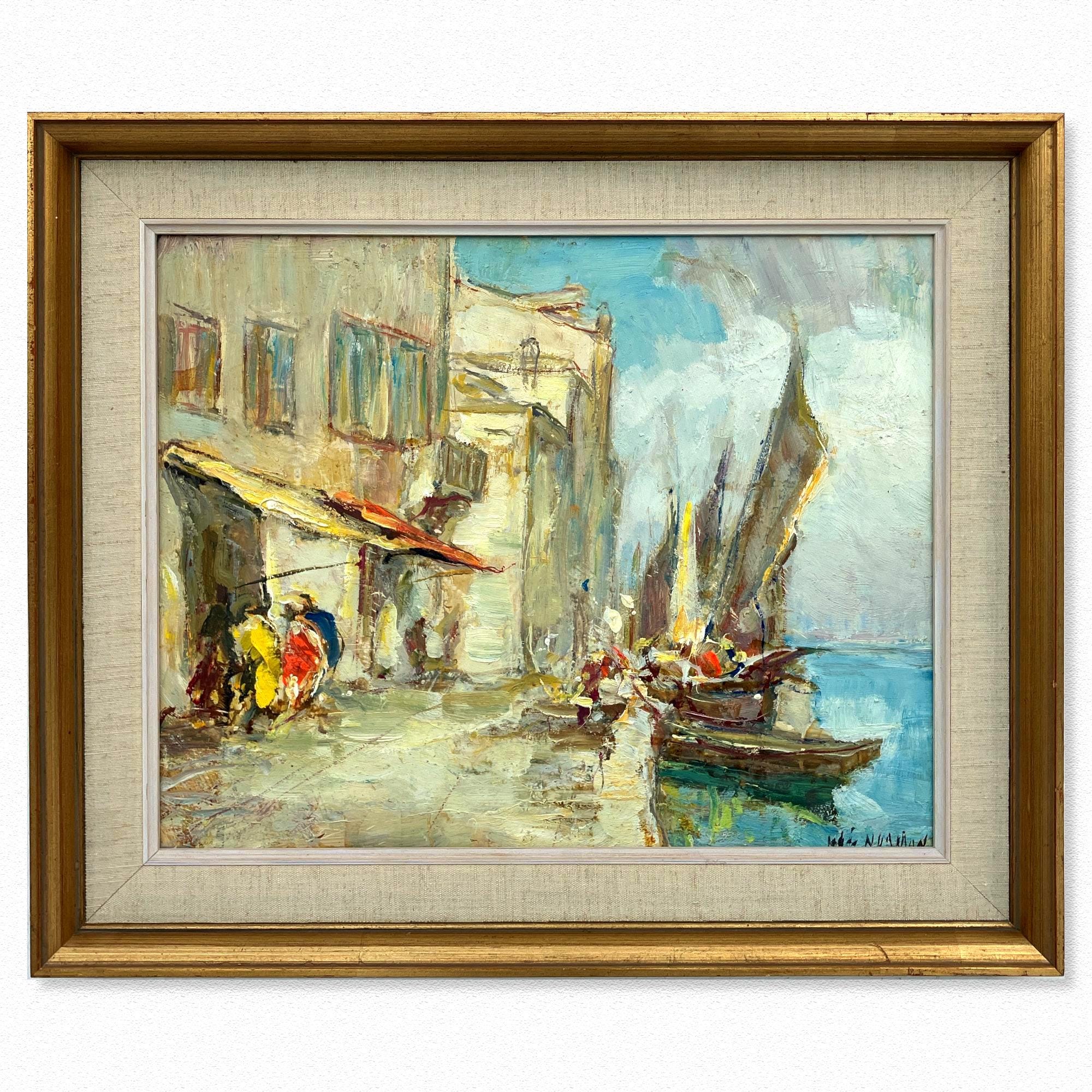 Vintage Venice Harbor Oil Painting: Framed Scandinavian Fine Art by Knut Norman - Image 1