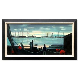 Original Danish Oil Painting – Moody Harbor Scene with Boats – Mid Century – Framed