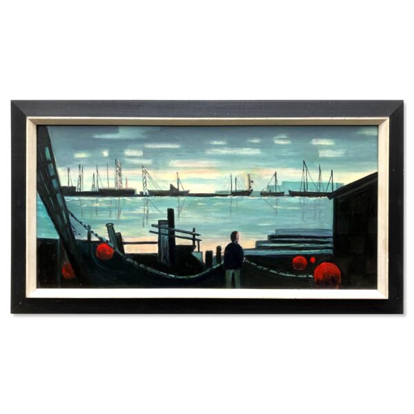 Original Danish Oil Painting – Moody Harbor Scene with Boats – Mid Century – Framed