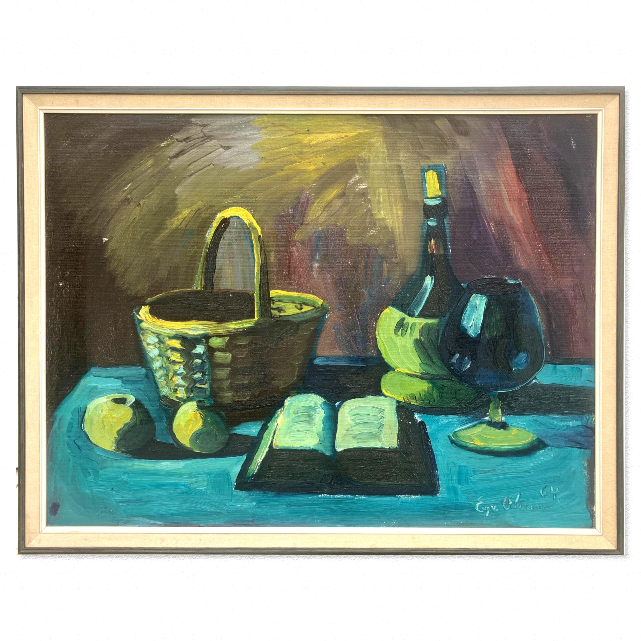 Vintage Expressionist Oil Painting: Danish Still Life with Basket, 1964 - Image 1