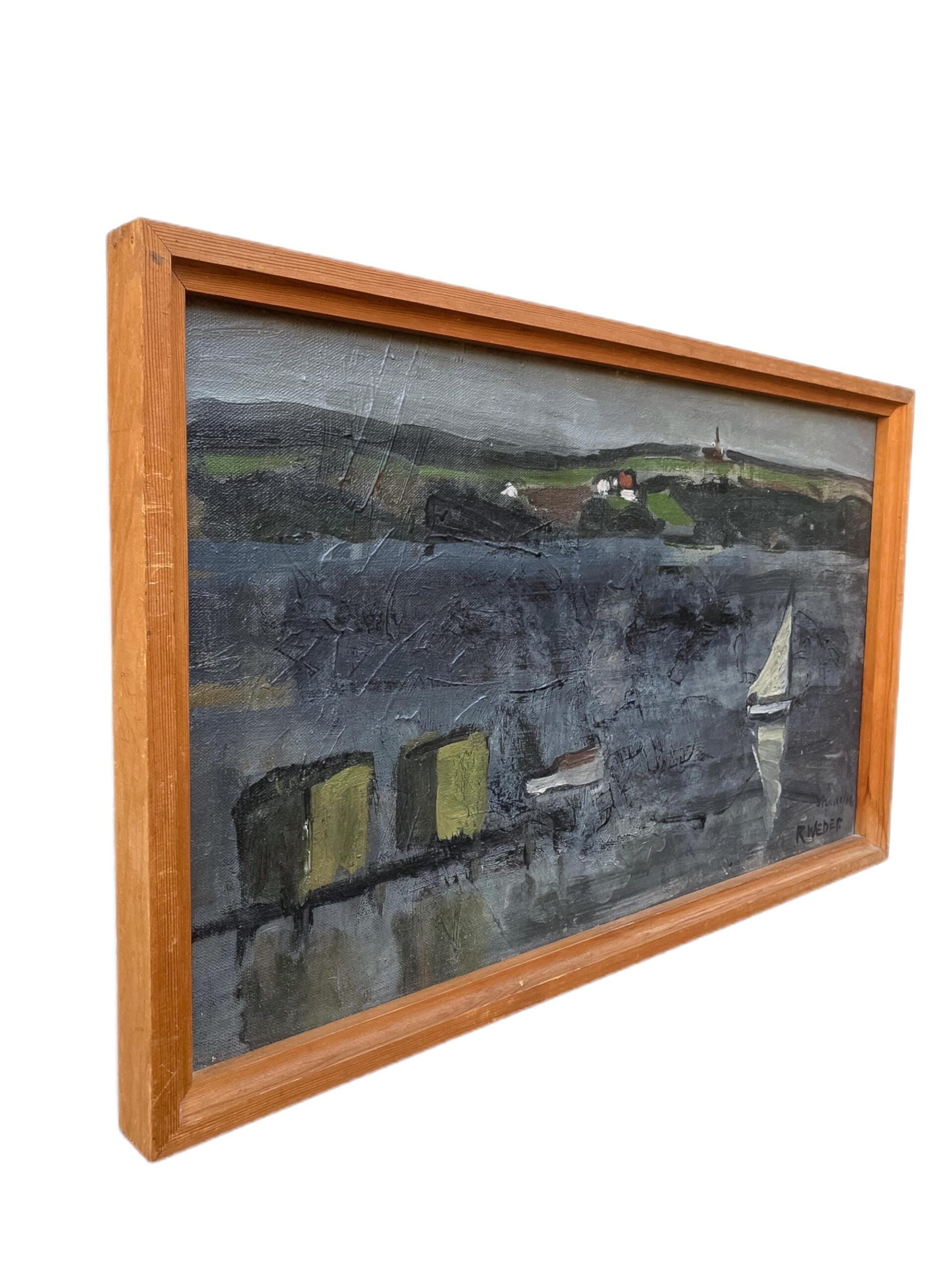 Danish Lake Landscape with Sailboat, Oil on Canvas, Mid-20th Century - Image 3