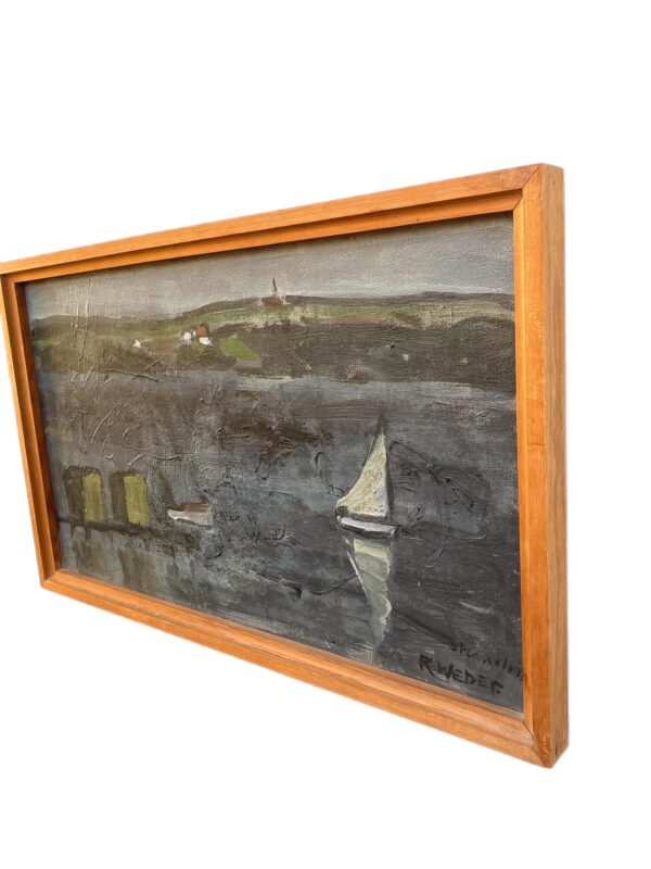 Danish Lake Landscape with Sailboat, Oil on Canvas, Mid-20th Century
