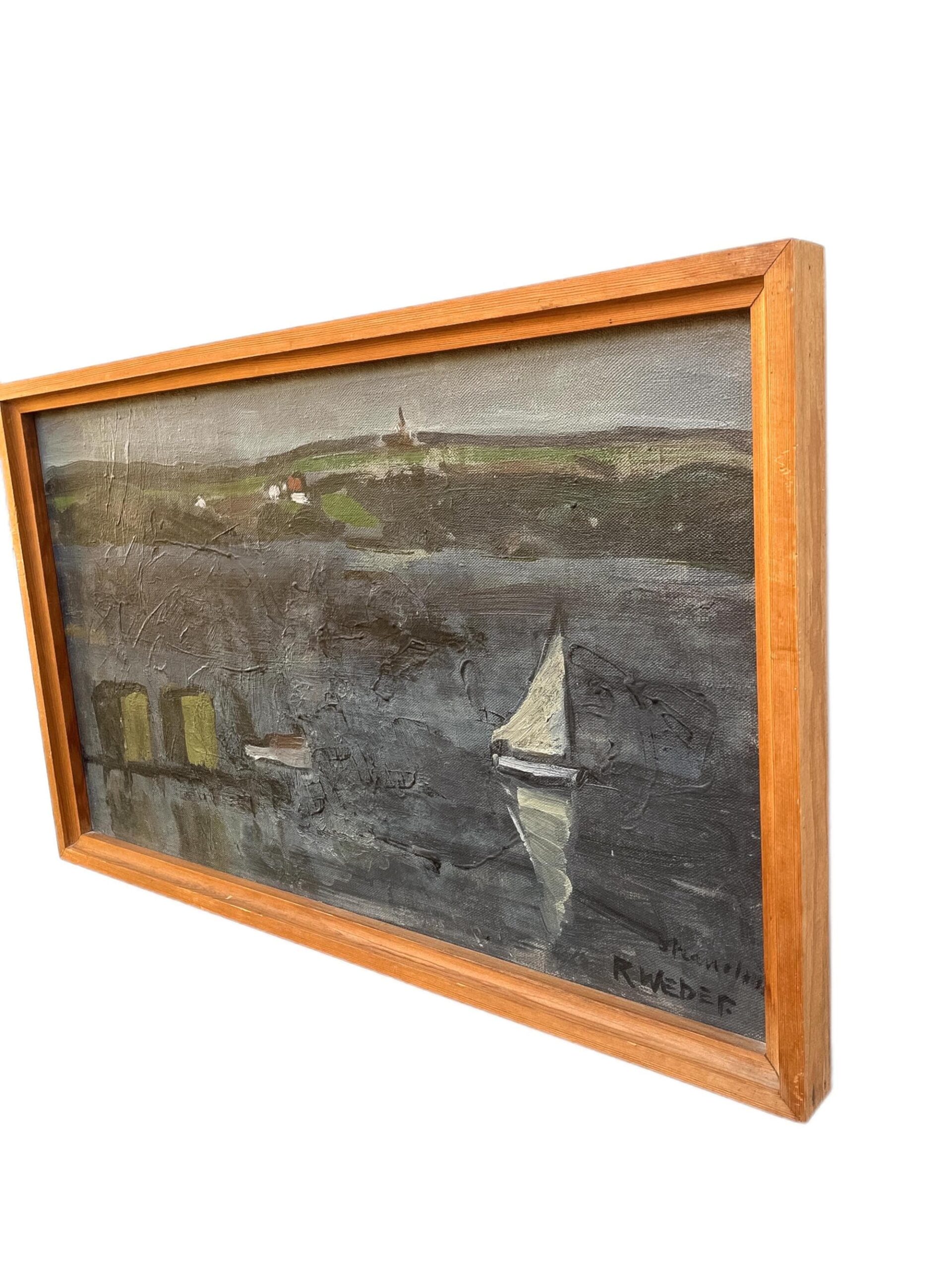 Danish Lake Landscape with Sailboat, Oil on Canvas, Mid-20th Century - Image 4