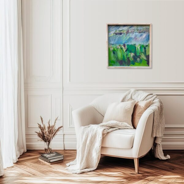 Original Danish Oil Painting – Abstract Green Marsh Landscape – Late 20th Century