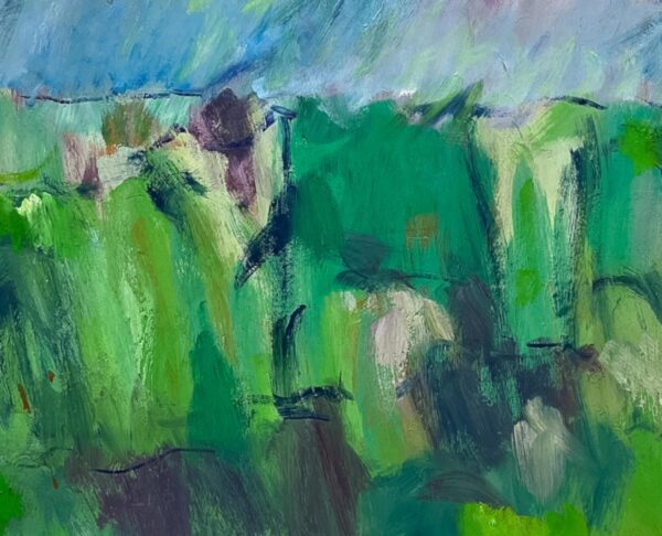 Original Danish Oil Painting – Abstract Green Marsh Landscape – Late 20th Century