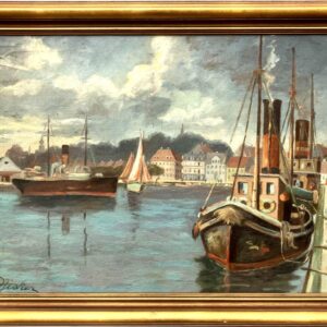 Vintage Oil Painting – Danish Harbor Scene with Boats, Original Scandinavian Artwork - Image 2