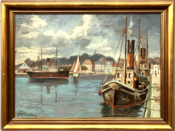 Vintage Oil Painting – Danish Harbor Scene with Boats, Original Scandinavian Artwork