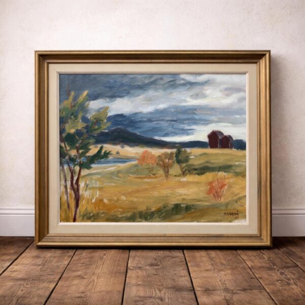 Mid Century Scandinavian Oil Painting – Large Swedish Mountain Landscape, 1950, Original Vintage Art