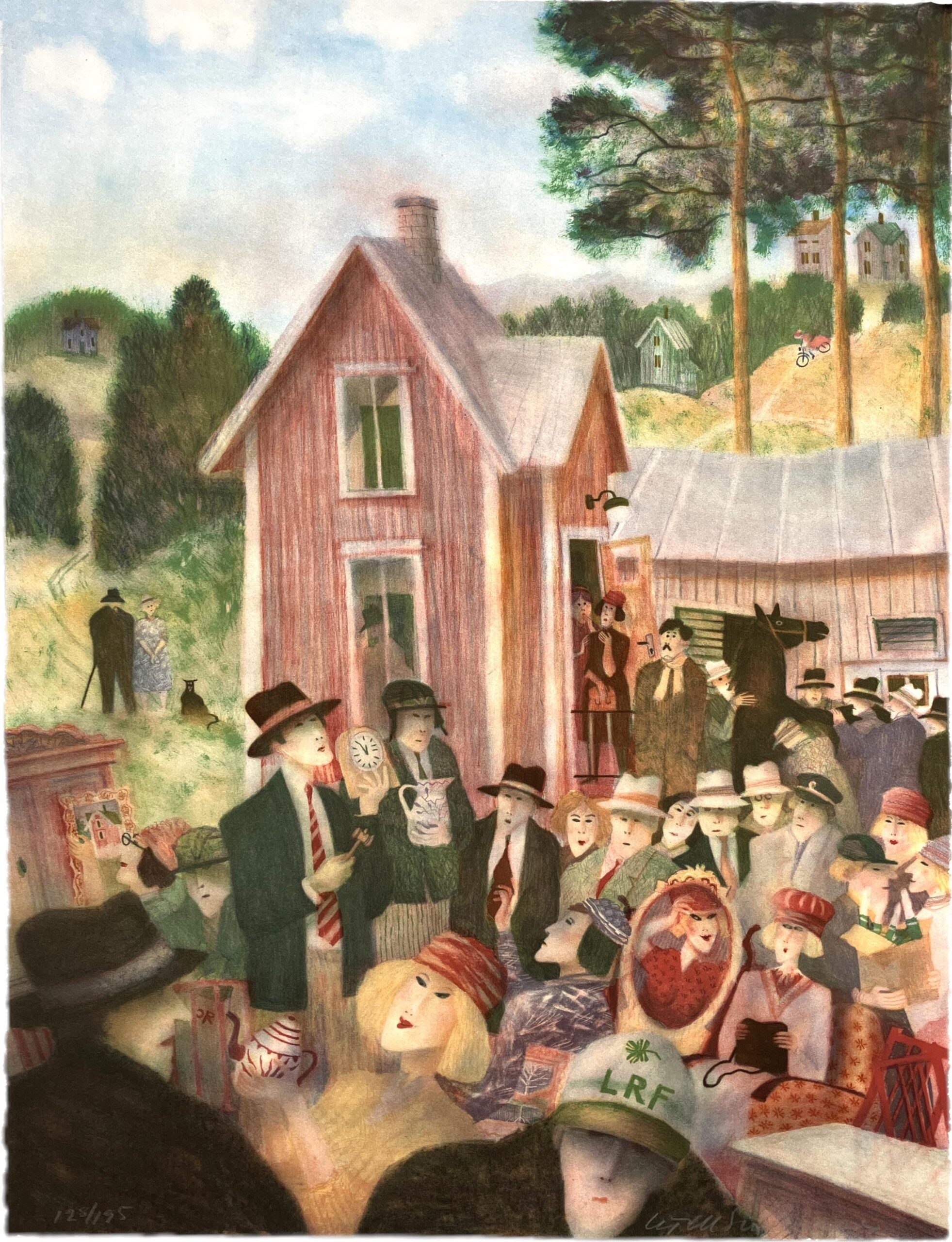 Large Flea Market Scene, Swedish art by Kjell Sundberg, Signed Lithograph Print - Image 4