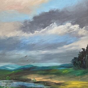 Vintage Danish Landscape Oil Painting, Birds and Dramatic Sky, Signed and dated 1969 - Image 7