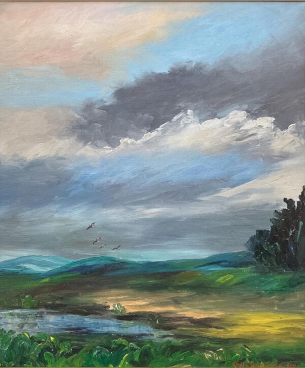 Vintage Danish Landscape Oil Painting, Birds and Dramatic Sky, Signed and dated 1969