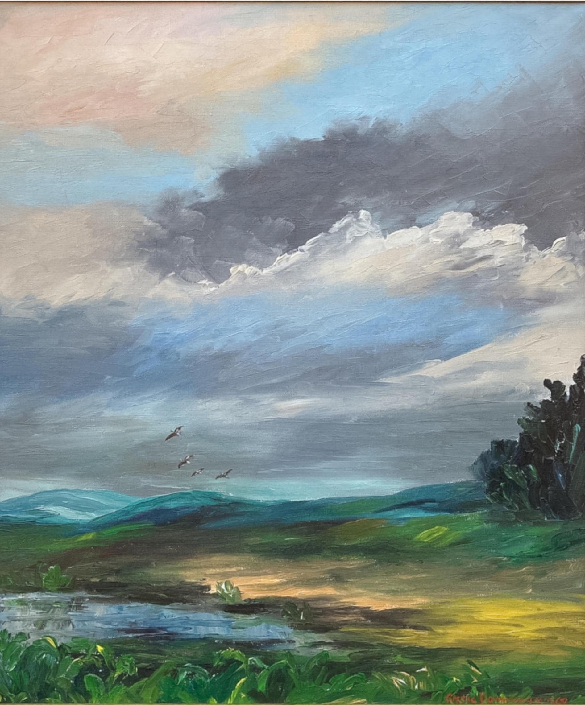 Vintage Danish Landscape Oil Painting, Birds and Dramatic Sky, Signed and dated 1969 - Image 7