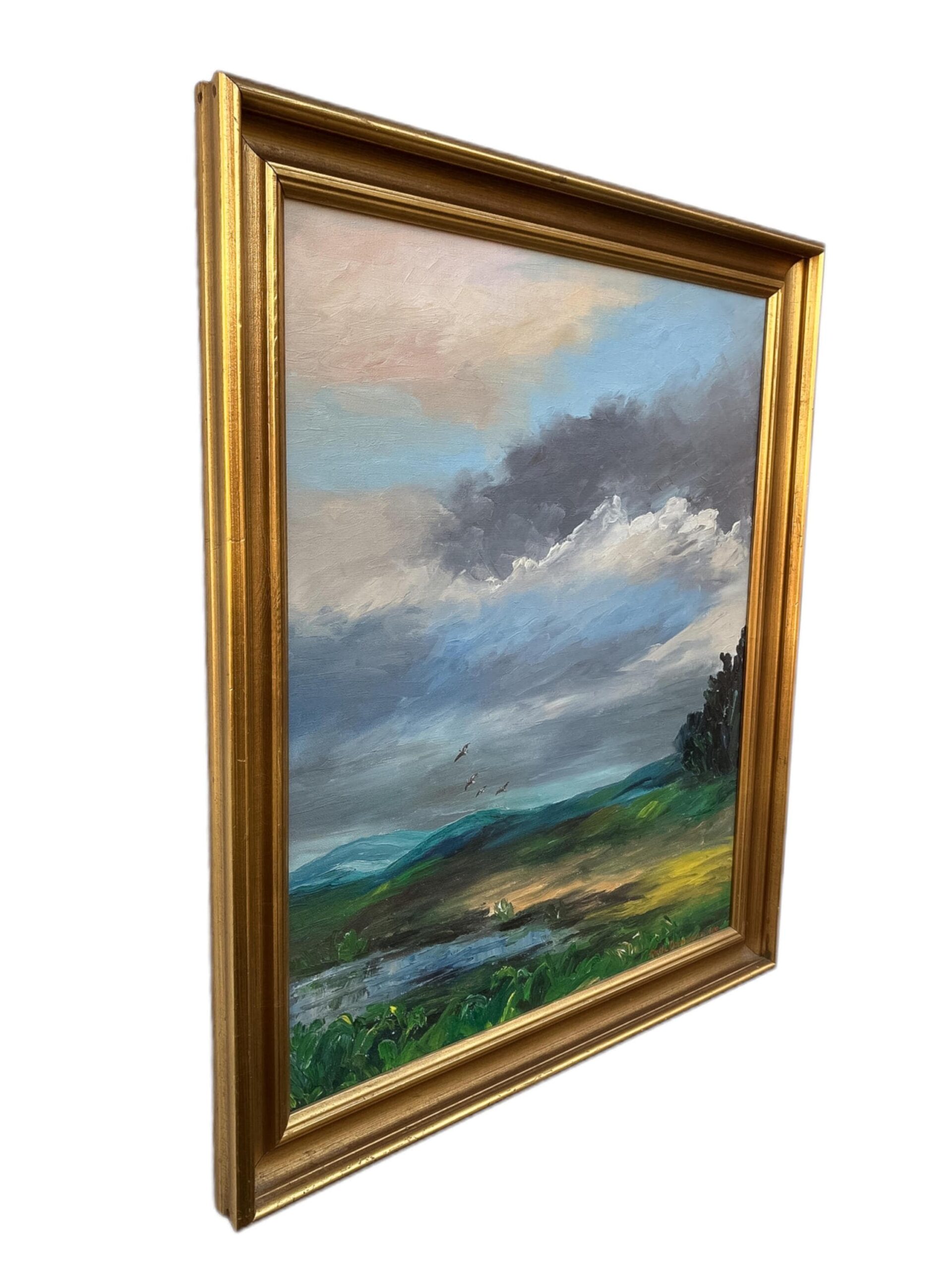 Vintage Danish Landscape Oil Painting, Birds and Dramatic Sky, Signed and dated 1969 - Image 5