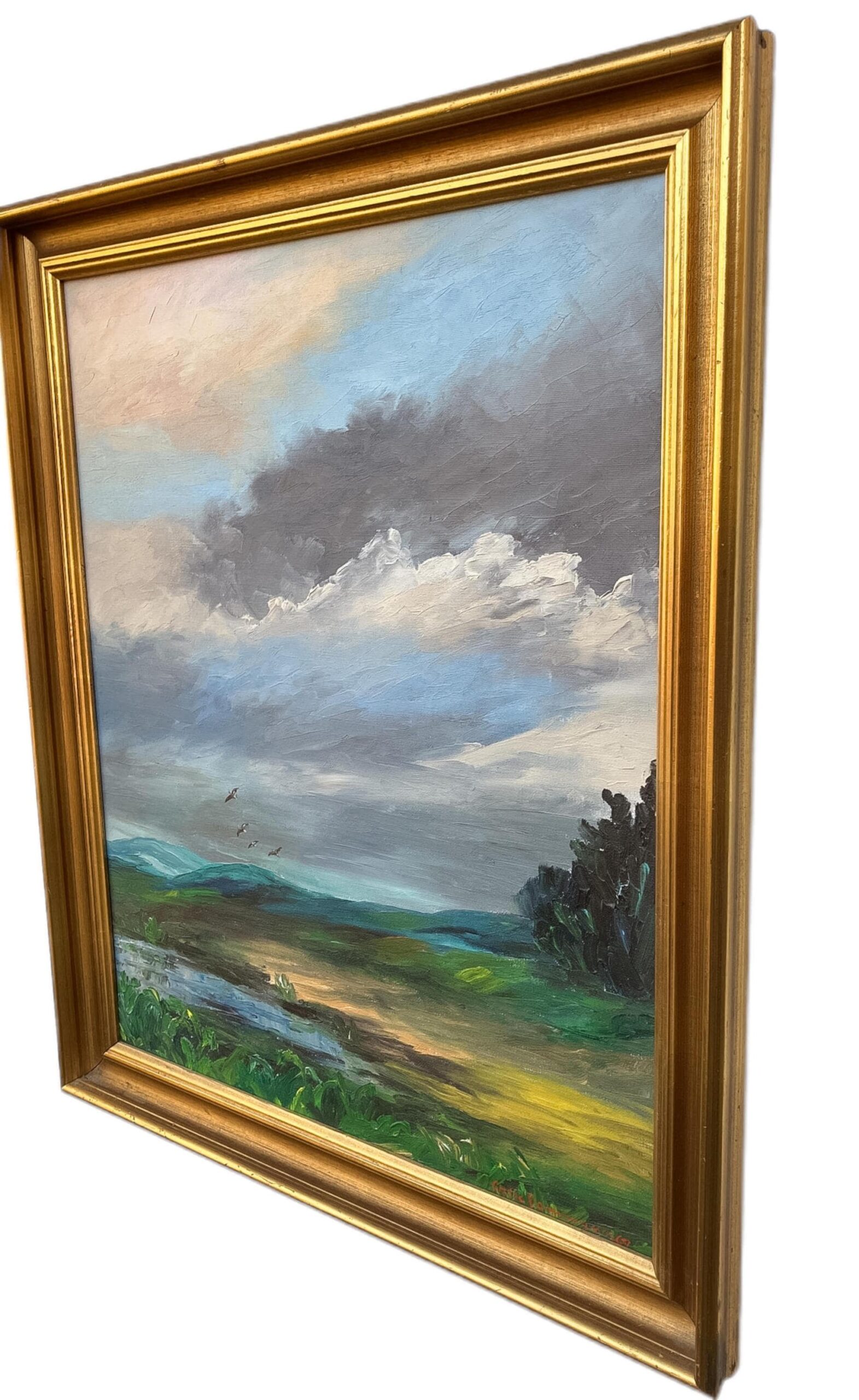 Vintage Danish Landscape Oil Painting, Birds and Dramatic Sky, Signed and dated 1969 - Image 6