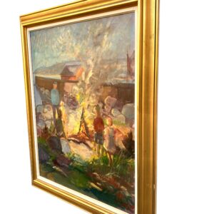 Nis Stougaard Coastal Bonfire Scene Oil Painting Mid-Century Danish Landscape - Image 5