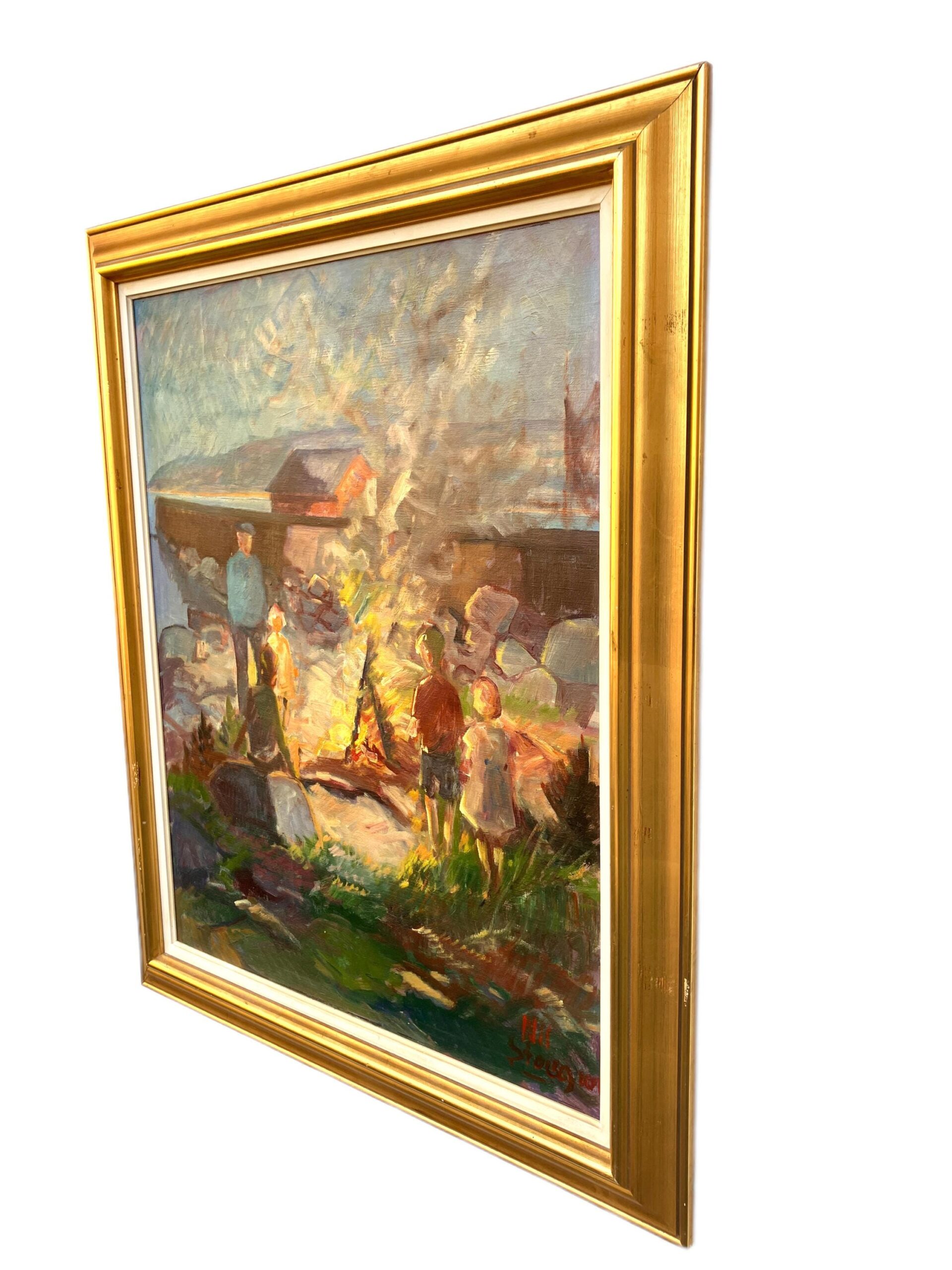 Nis Stougaard Coastal Bonfire Scene Oil Painting Mid-Century Danish Landscape - Image 5