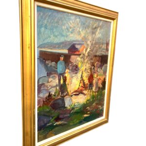 Nis Stougaard Coastal Bonfire Scene Oil Painting Mid-Century Danish Landscape - Image 4