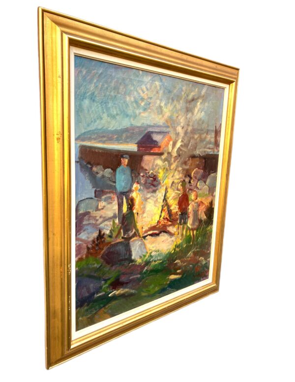 Nis Stougaard Coastal Bonfire Scene Oil Painting Mid-Century Danish Landscape