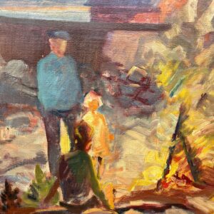 Nis Stougaard Coastal Bonfire Scene Oil Painting Mid-Century Danish Landscape - Image 8