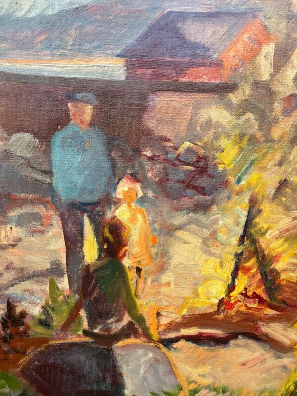 Nis Stougaard Coastal Bonfire Scene Oil Painting Mid-Century Danish Landscape