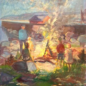 Nis Stougaard Coastal Bonfire Scene Oil Painting Mid-Century Danish Landscape - Image 6