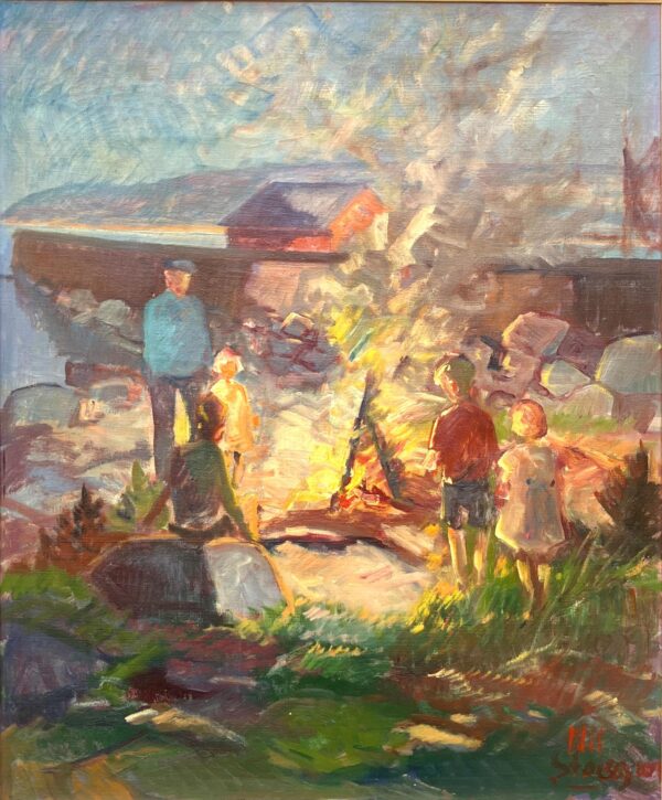 Nis Stougaard Coastal Bonfire Scene Oil Painting Mid-Century Danish Landscape