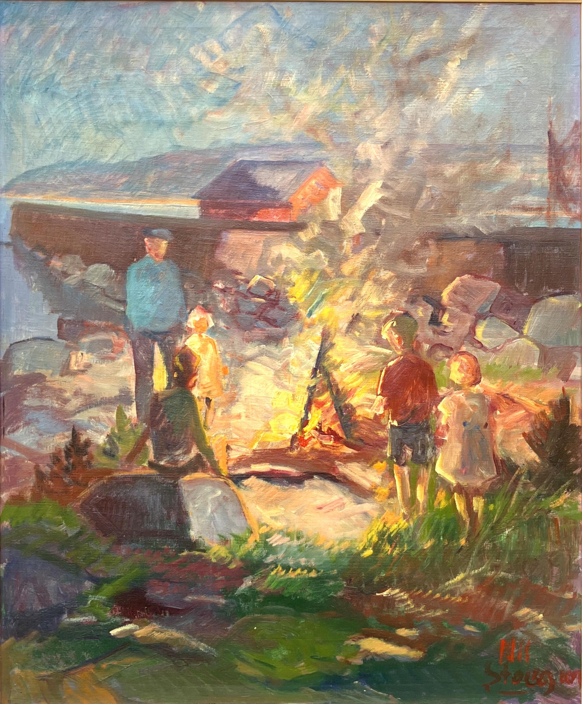 Nis Stougaard Coastal Bonfire Scene Oil Painting Mid-Century Danish Landscape - Image 6
