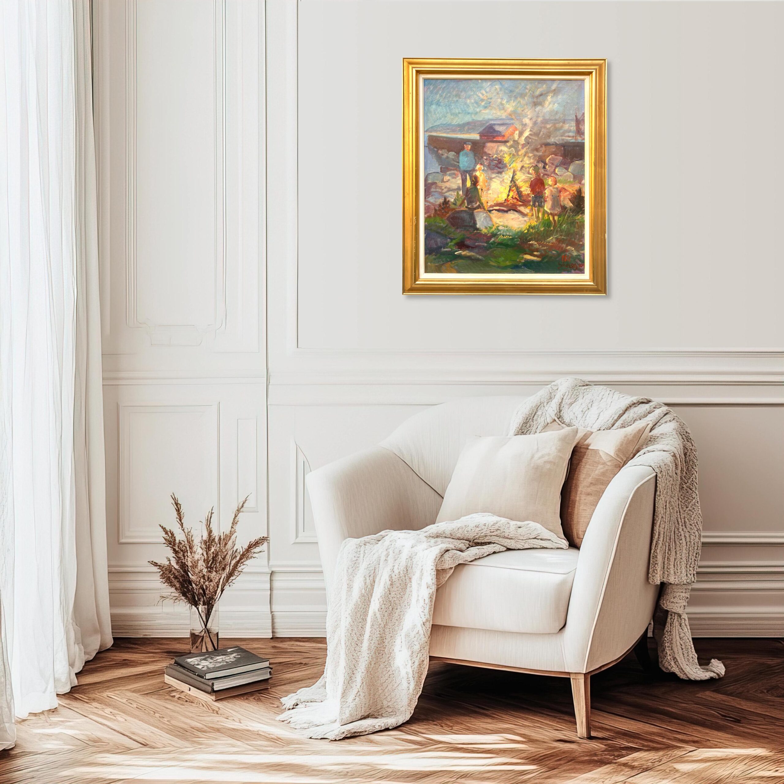 Nis Stougaard Coastal Bonfire Scene Oil Painting Mid-Century Danish Landscape - Image 3