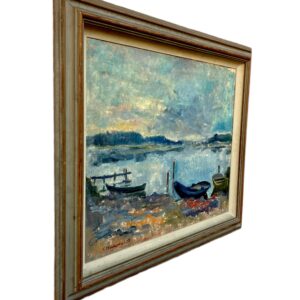 Large Coastal Seascape with Boats, Vintage Oil Painting, Scandinavian Coastal Decor - Image 6