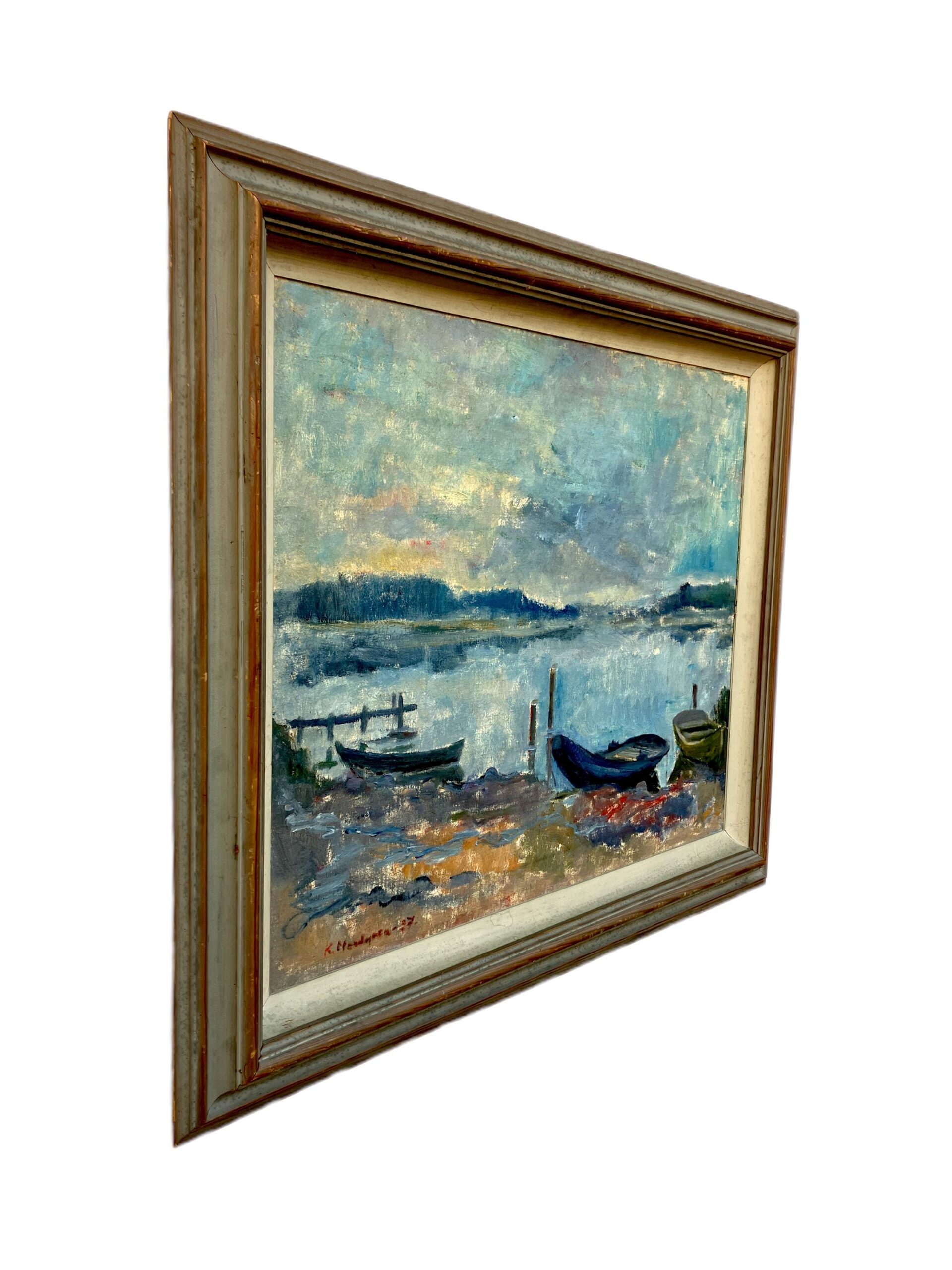 Large Coastal Seascape with Boats, Vintage Oil Painting, Scandinavian Coastal Decor - Image 6