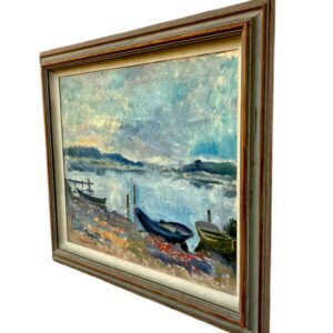 Large Coastal Seascape with Boats, Vintage Oil Painting, Scandinavian Coastal Decor - Image 7