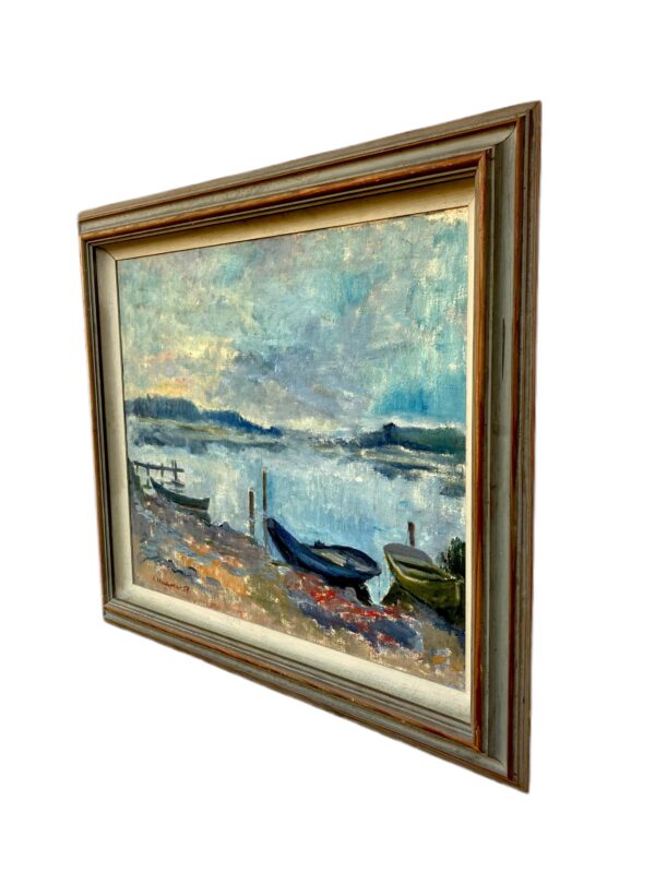 Large Coastal Seascape with Boats, Vintage Oil Painting, Scandinavian Coastal Decor