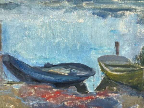 Large Coastal Seascape with Boats, Vintage Oil Painting, Scandinavian Coastal Decor