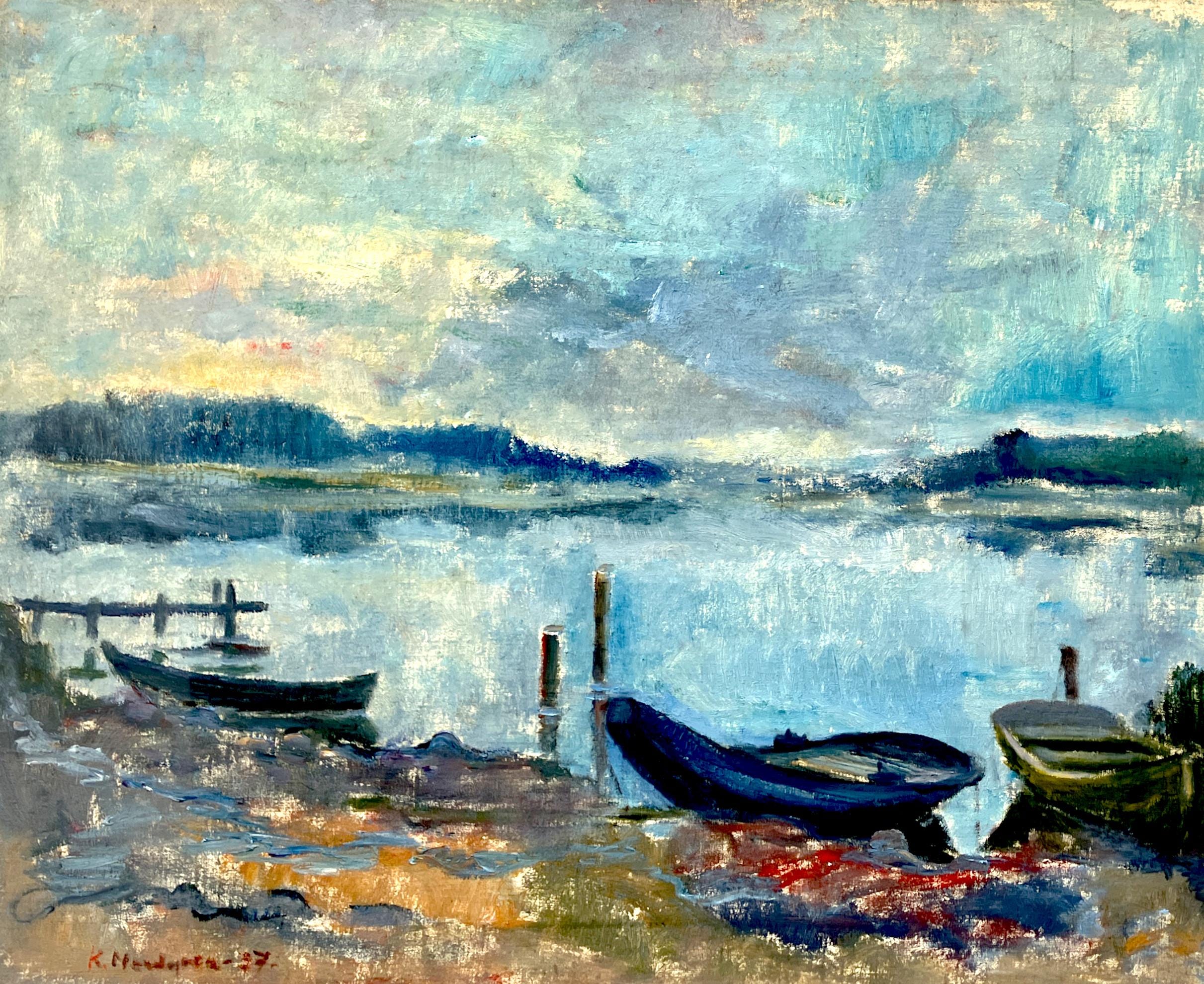 Large Coastal Seascape with Boats, Vintage Oil Painting, Scandinavian Coastal Decor - Image 5