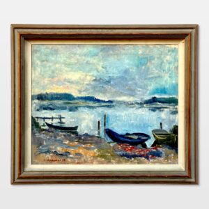 Large Coastal Seascape with Boats, Vintage Oil Painting, Scandinavian Coastal Decor - Image 3
