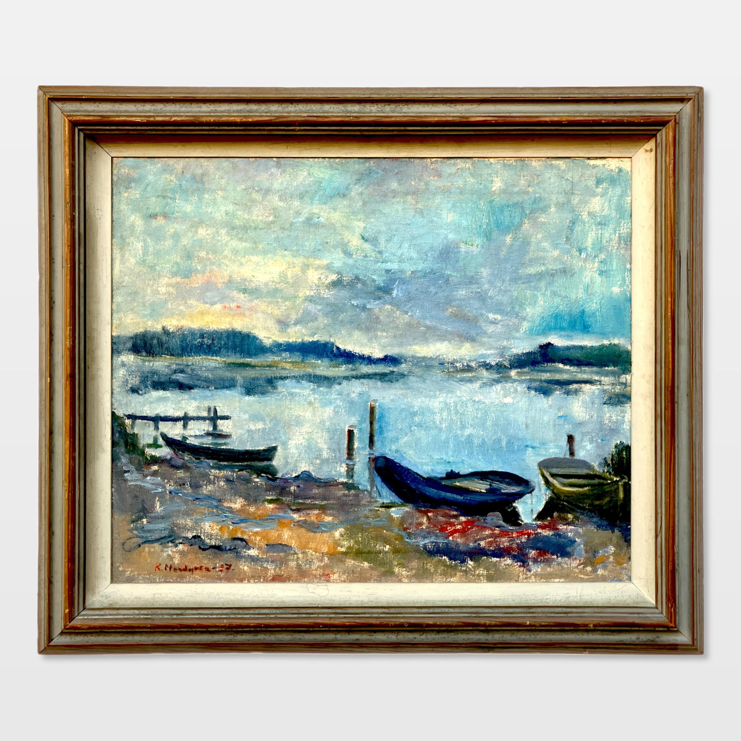 Large Coastal Seascape with Boats, Vintage Oil Painting, Scandinavian Coastal Decor - Image 3